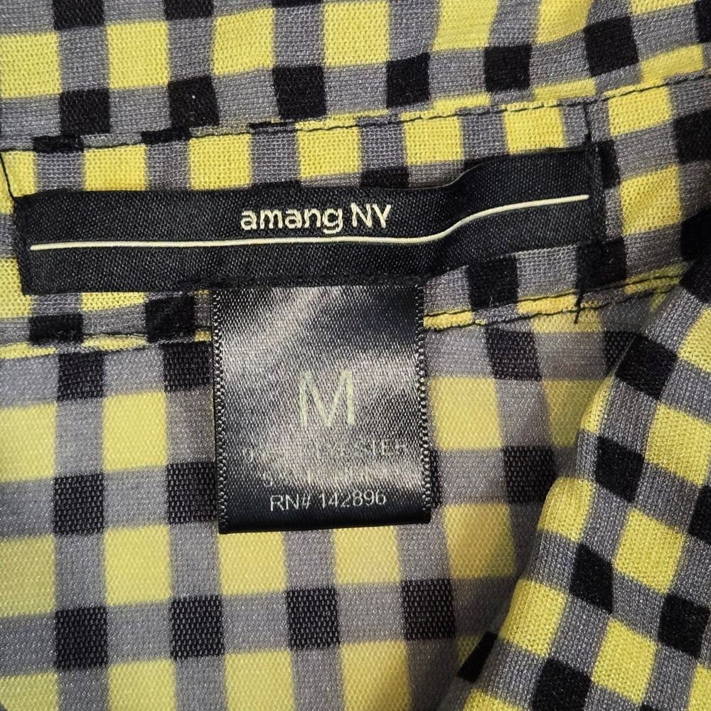 Black & yellow plaid gingham oversized ruched button up short sleeve shirt MD - Picture 5 of 6